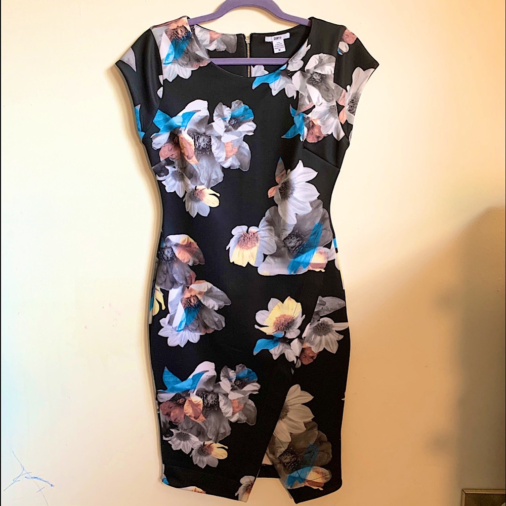 Bar III Floral Black Pencil Dress, Cap Sleeve M